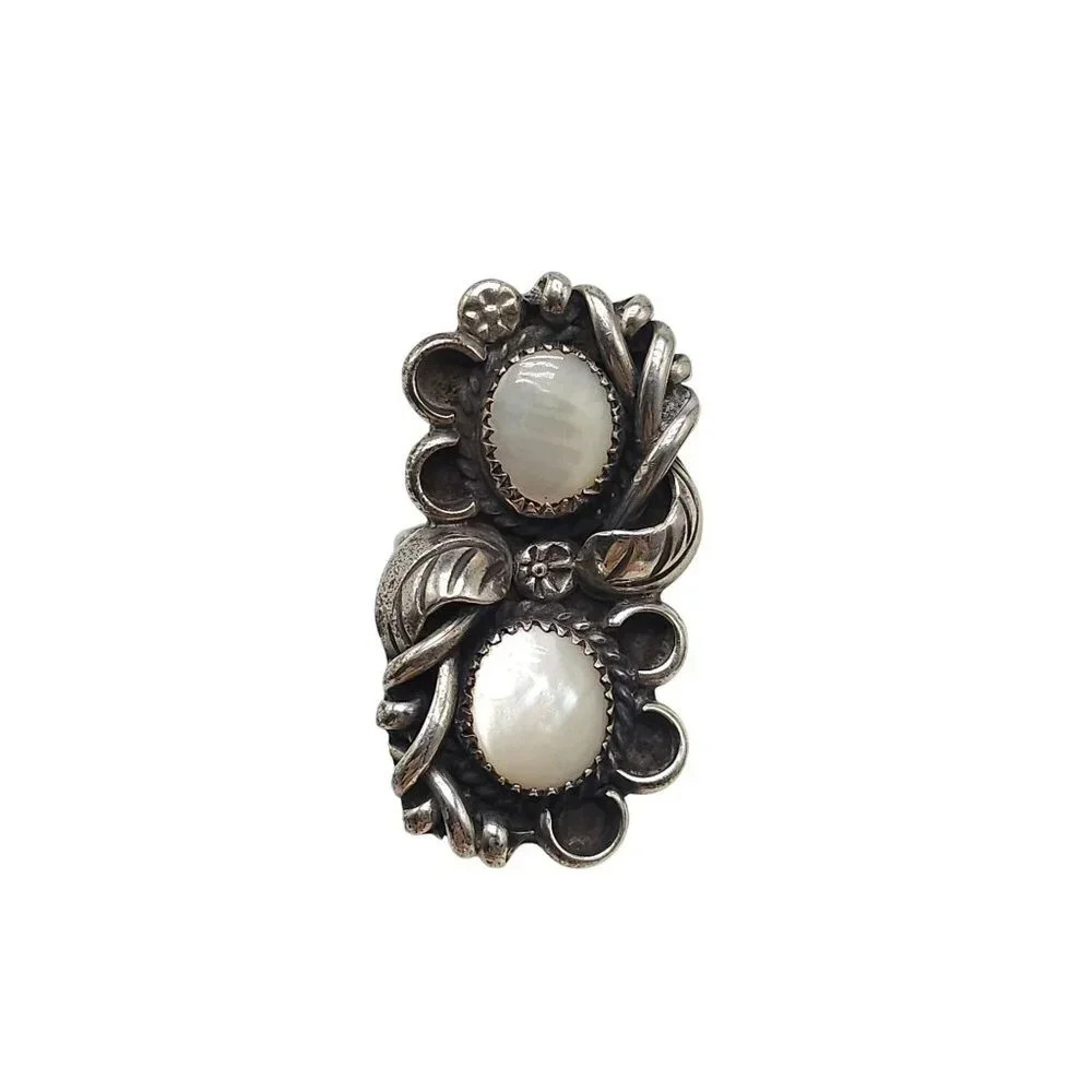 Vintage Dead Pawn Sterling Silver Mother Of Pearl NATIVE Statement Ring Size 7.5